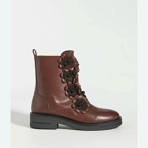Anthropologie Brown Leather Boots with Floral Details